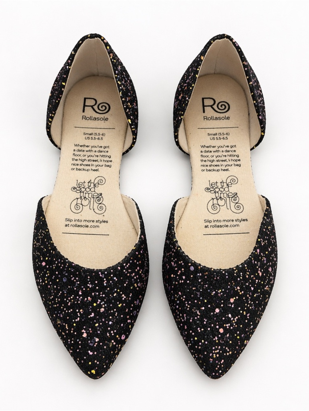 Rollasole Glitter D’Orsay Flats Womens Size Small 5.5-6 Black Sparkle Shoes